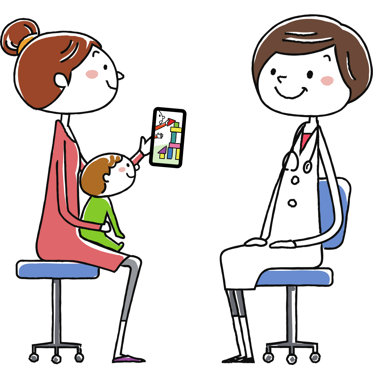 Illustration of a parent showing a video of her child to the doctor seated across from her