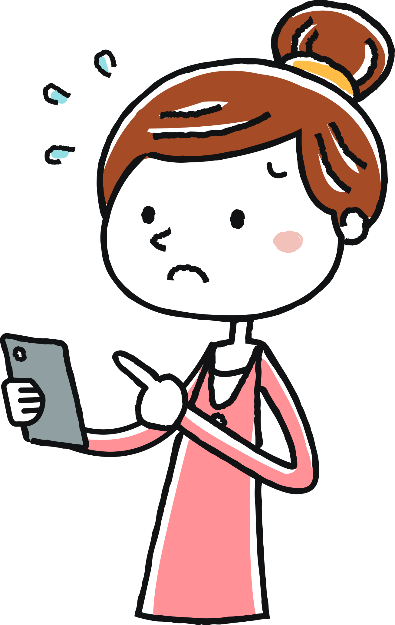Illustration of a frustrated parent scrolling through her camera roll on her phone