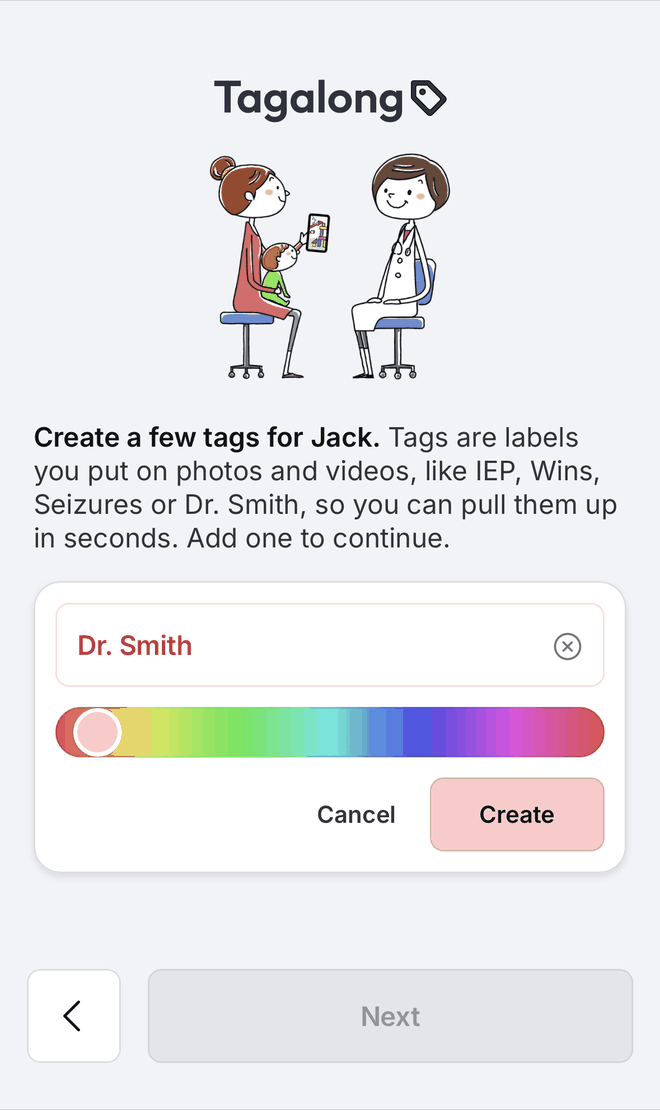 The tag creator, with a name typed and a colour chosen
